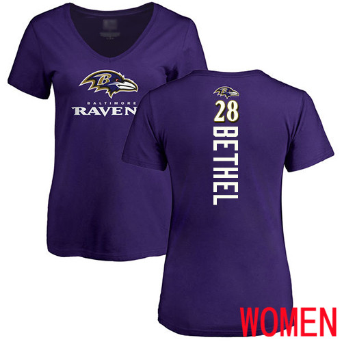 Baltimore Ravens Purple Women Justin Bethel Backer NFL Football #28 T Shirt